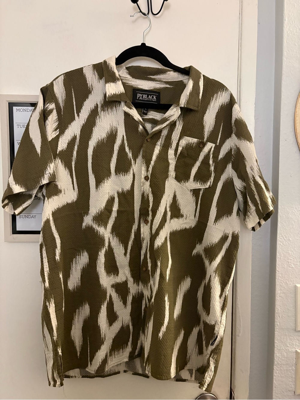 Black Olive & White Short Sleeve Button-Down Shirt - Abstract Print